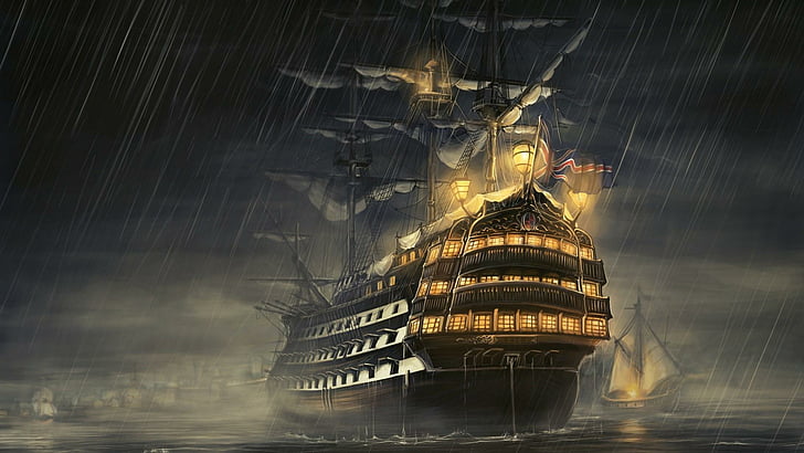 ship, pirate, rainy, raining, sea, sailing ship, ghost ship, HD wallpaper