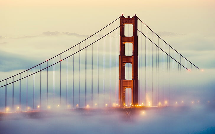Golden Gate Bridge, San Francisco, mist, street light, HD wallpaper