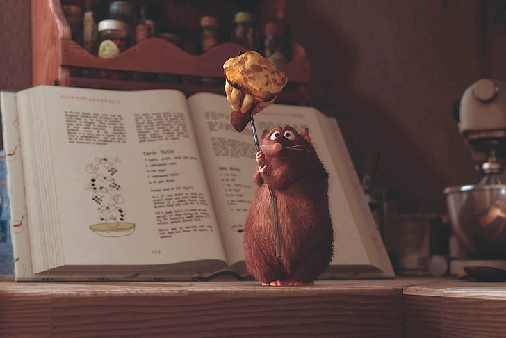 Ratatouille movie still screenshot, cartoon, mouse, book, brown