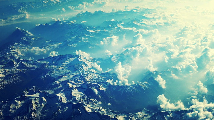 sky, aerial view, mountains, clouds, snowy peak, cloud - sky, HD wallpaper