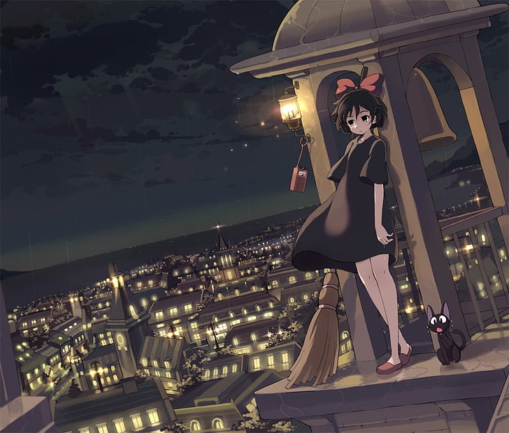 city, anime girls, cat, Kiki's Delivery Service, night, Studio Ghibli, HD wallpaper