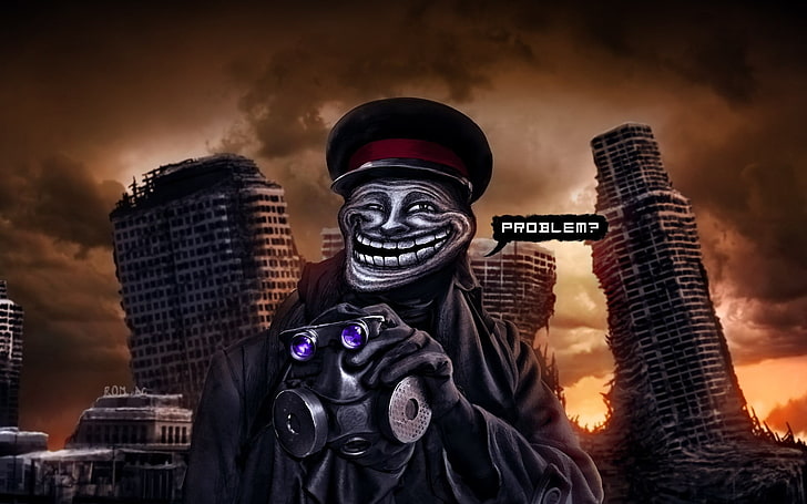 troll meme holding gas mask illustration, captain, romance of the Apocalypse