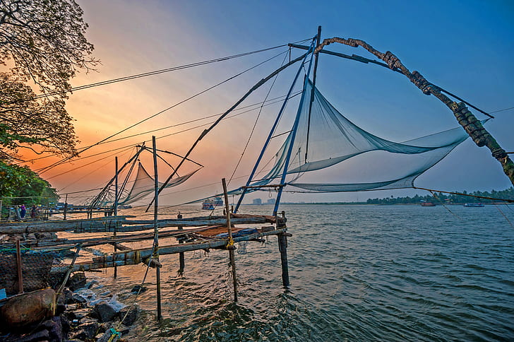 sea, beach, sunset, the ocean, shore, India, fishing nets, Kochi, HD wallpaper