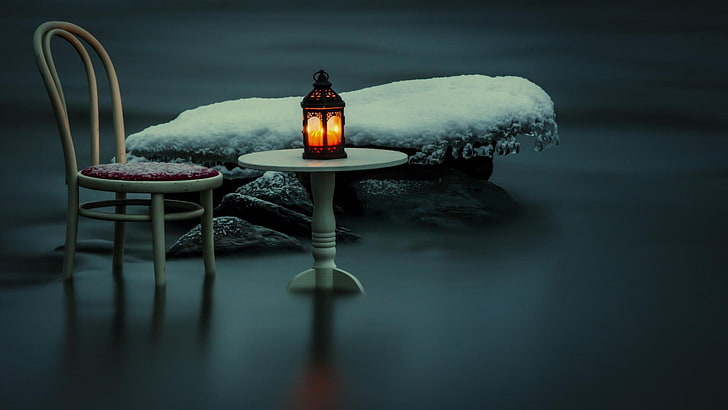 white wooden table and black candle lantern, photography, artwork