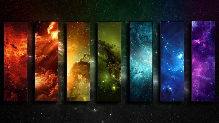 seven assorted paintings, space, stars, collage, colorful, no people, HD wallpaper