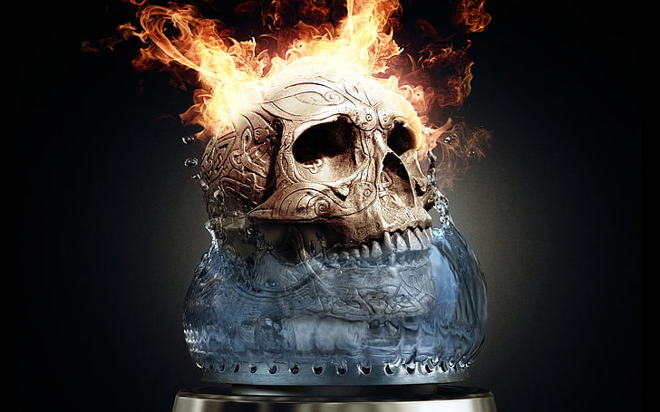 skull with fire wallpaper, digital art, artwork, fantasy art, HD wallpaper