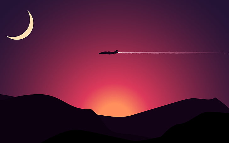 black plane illustration, airplane above mountains with sunset under crescent moon