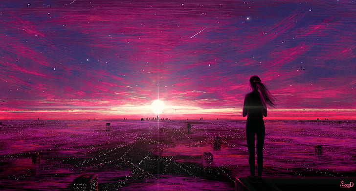 digital art, women, city, skyscraper, sunset, environment, pink