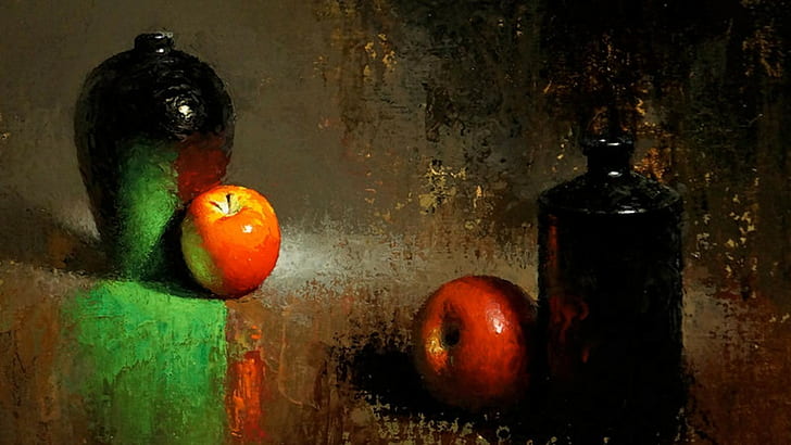 painting, classic art, oil painting, jars, apples, brown, artwork