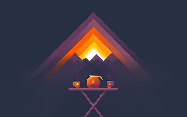 brown tea pot and mugs, texture, minimalism, illuminated, triangle shape