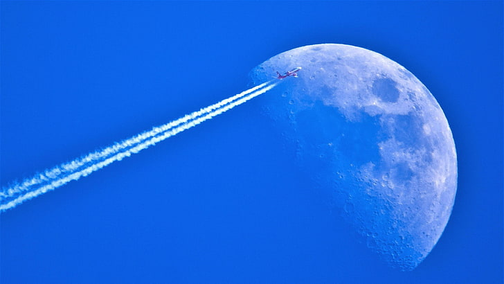 moon, airplane, supermoon, blue sky, contrail, atmosphere of earth