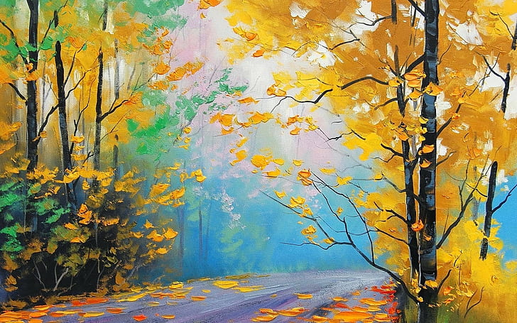 fall painting trees leaves park graham gercken forest, autumn, HD wallpaper