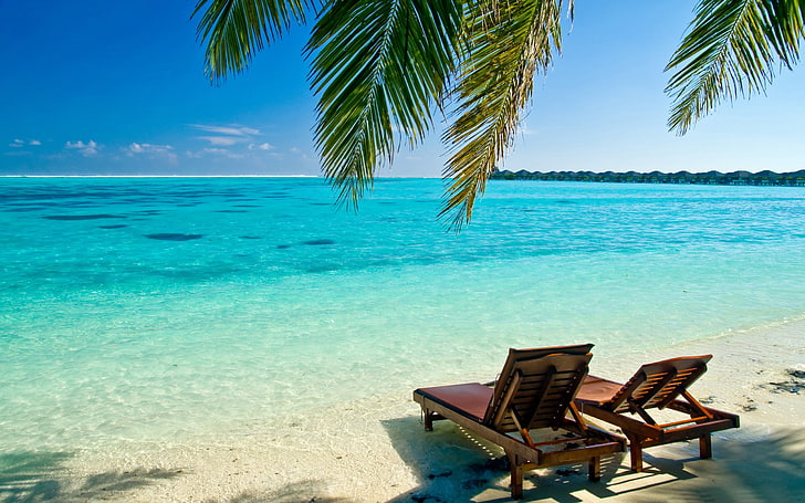 Deck chairs beach vacation-Summer Scenery HD Wallp.., two brown sun loungers, HD wallpaper