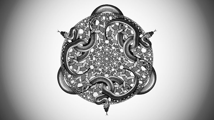 untitled, M. C. Escher, snake, abstract, artwork, monochrome