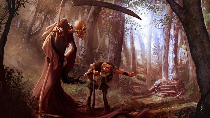 Death and dwarf digital wallpaper, Reapers, forest, fantasy art