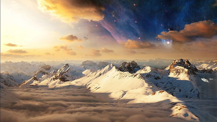 snow mountain, mountains, stars, clouds, sky, scenics - nature
