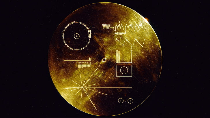 round case with circuit symbols, Voyager Golden Record, space