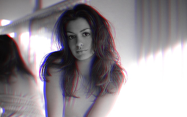 anaglyph 3D, Anne Hathaway, young adult, young women, indoors