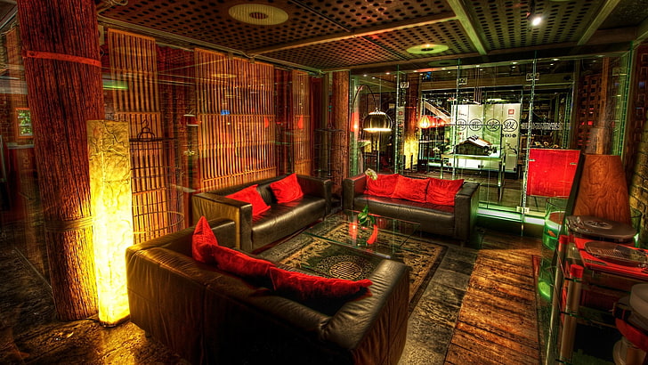 black and red leather 3-piece sofa furniture set taken on lighted room with bamboo walls, HD wallpaper