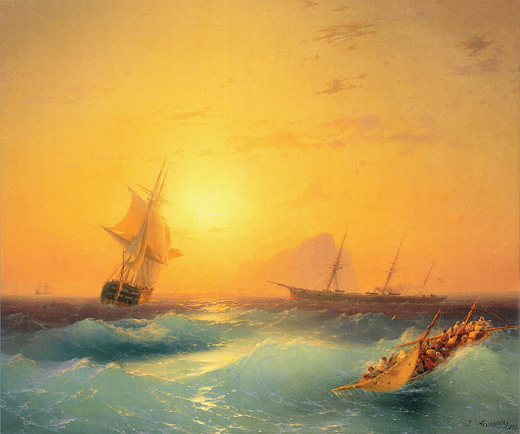 three boats on sea painting, picture, Aivazovsky, nautical Vessel, HD wallpaper