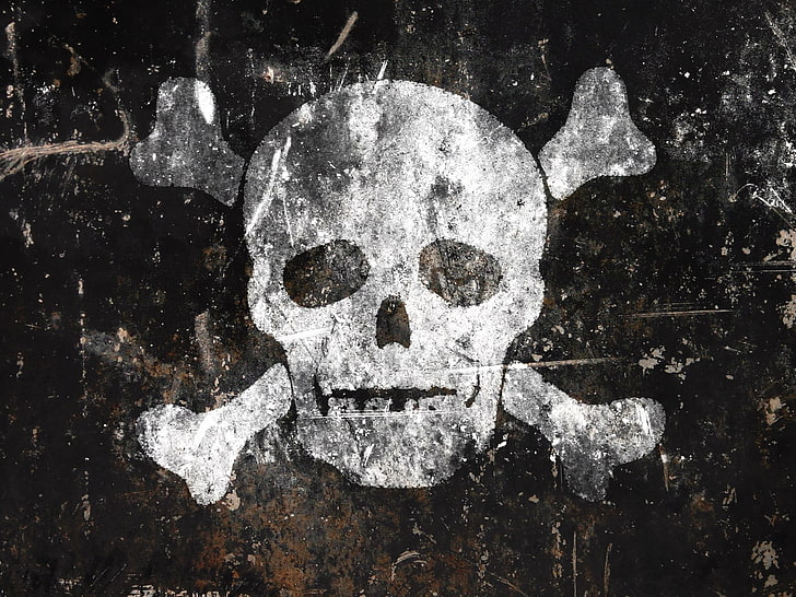 black and white skull logo, pirates, artwork, grunge, close-up, HD wallpaper
