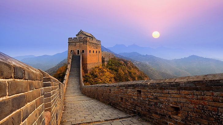 sunrise, atjinshanling greatwall, city, history, the past, architecture, HD wallpaper