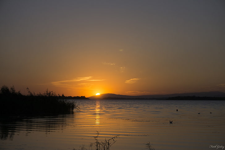 sunrise, lake, reflection, silhouette,  reed, hills, sunset, HD wallpaper