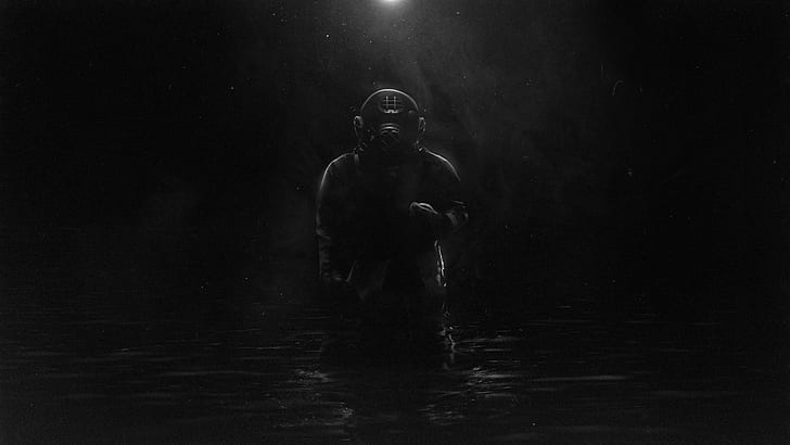Felix Soletic, monochrome, dark, divers, diving suits, underwater, HD wallpaper
