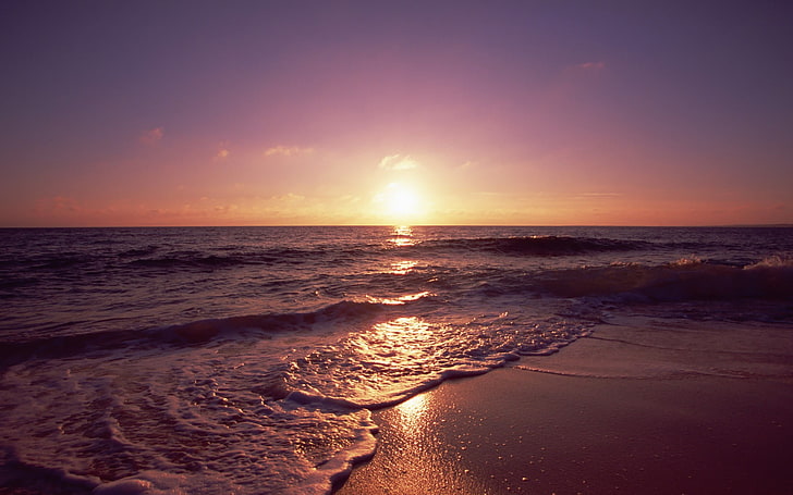 beach, nature, landscape, waves, sea, sunset, water, sky, horizon
