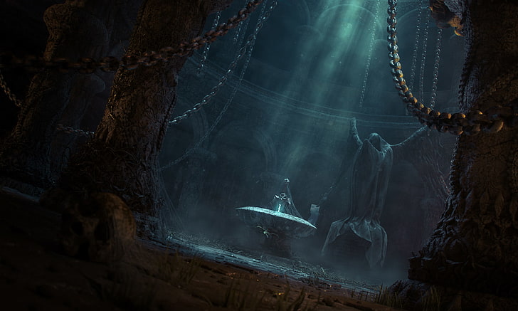 two person inside cave game wallpaper, light, sword, fantasy, HD wallpaper
