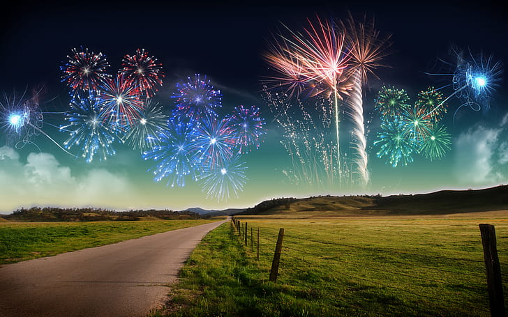 4k, Fireworks, landscape, nature, New Year, ultrahd