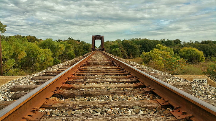 rusty gray metal train rails close up photo, Adventure, railroad  bridge
