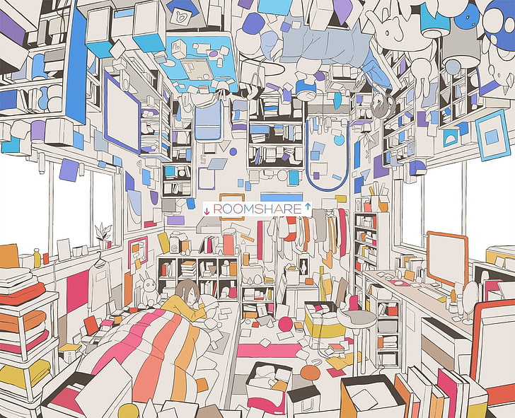 upside down, room, bed, anime girls, no people, multi colored