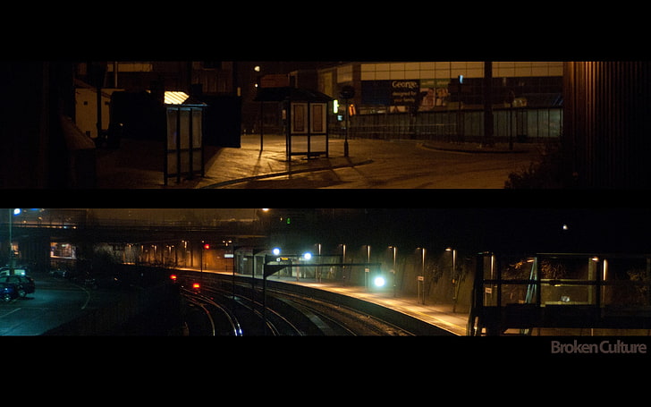 untitled, collage, train station, night, illuminated, transportation, HD wallpaper