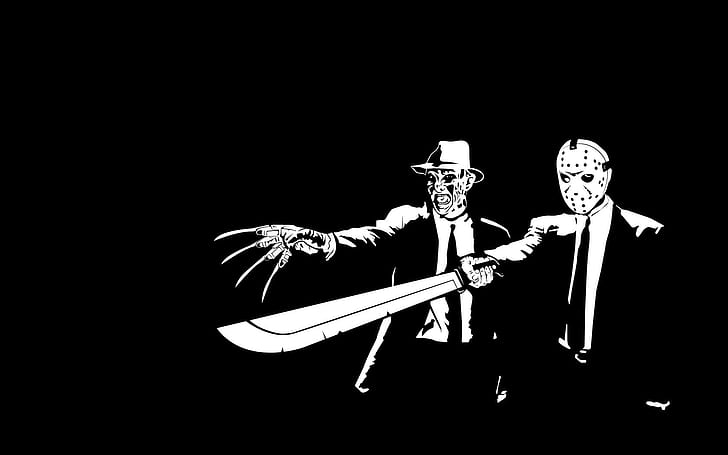 Pulp Fiction Black BW Freddy Krueger Jason Machete Halloween HD, jason and freddy in suit illustration