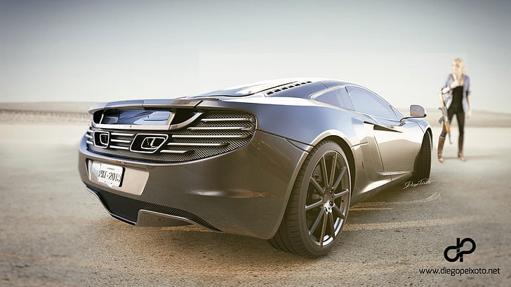 black coupe, McLaren MC4-12C, desert, landscape, car, blonde, HD wallpaper
