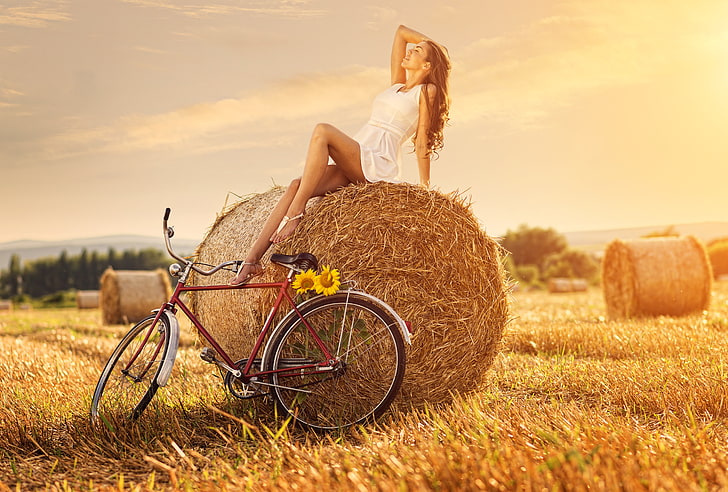 women's white dress and red bike, field, girl, sunflower, haystack