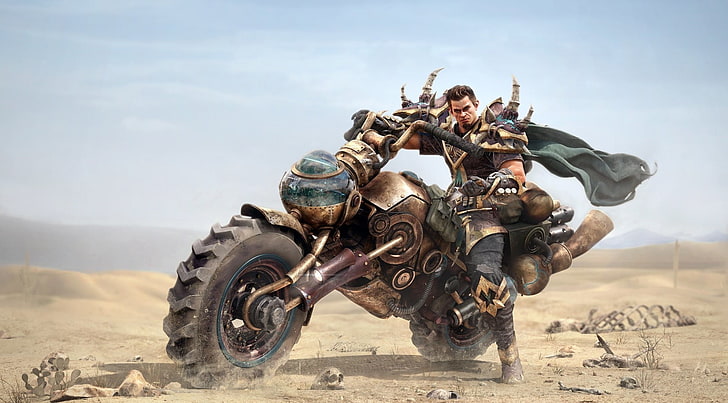 game character wearing cape and riding motorcycle, artwork, men