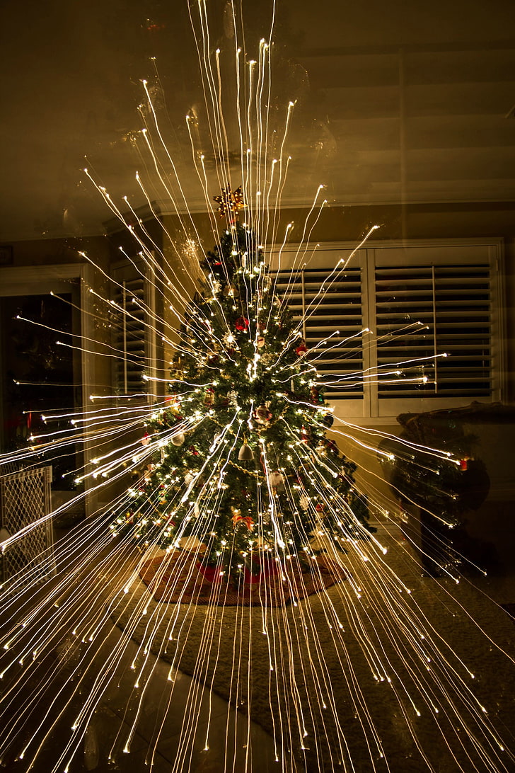 Christmas tree with lights, illuminated, celebration, exploding, HD wallpaper