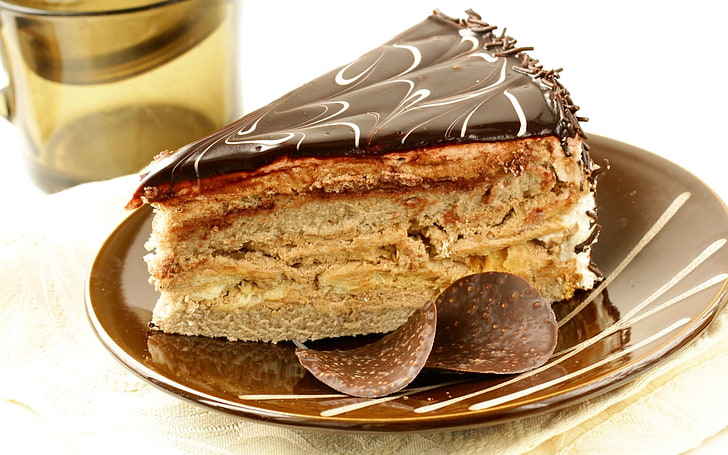 sliced chocolate cake, frosting, cream, dessert, sweet, plate