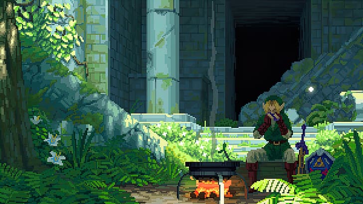 The Legend of Zelda, Hylian Shield, Link, ruins, pixel art