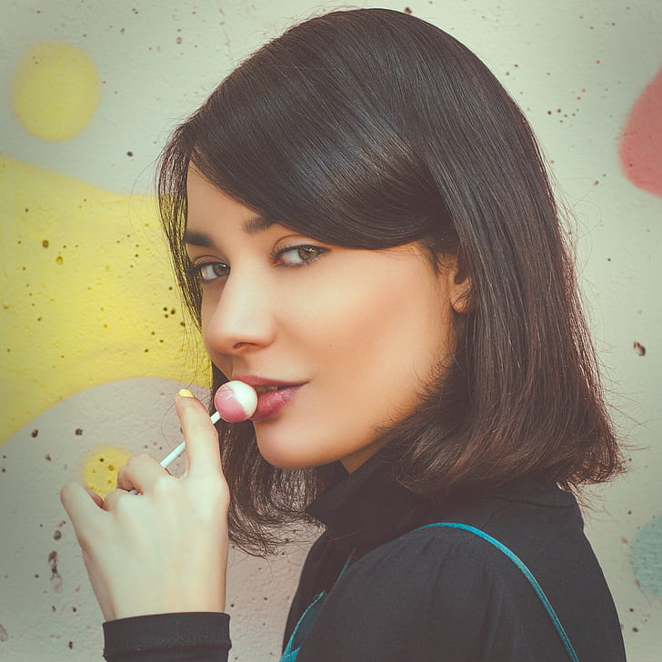 HD wallpaper: Ruben Cid, lollipop, dark hair, portrait, 500px, women, model...