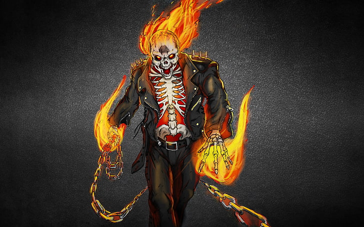 Ghost Rider illustration, the dark background, fire, flame, skull