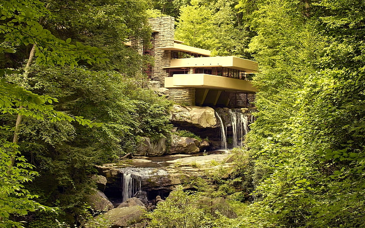 beige 3-storey house and green trees, river, architecture, Frank Lloyd Wright