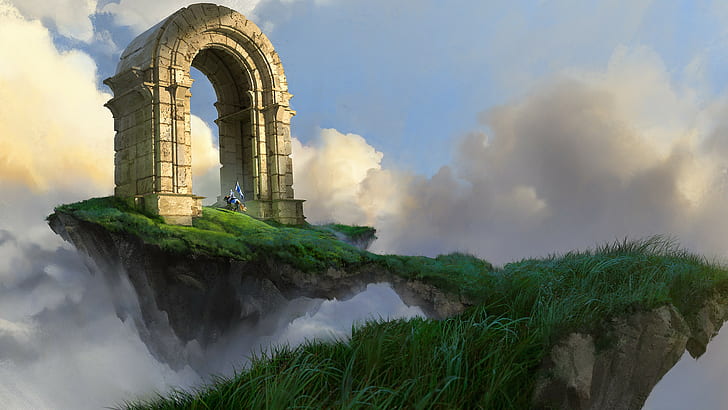 clouds, floating island, arch, knight, flag, horse, HD wallpaper