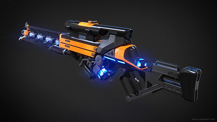 orange and black rifle illustration, CGI, gun, futuristic, technology