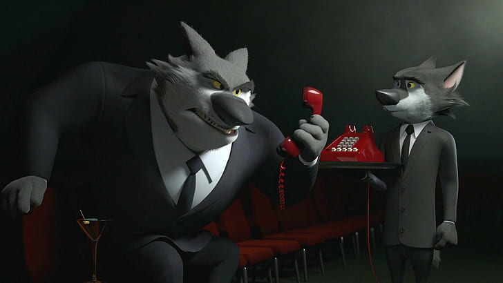 anthro gangsters gangster rock dog wolf animals 3d cartoon movies clothing suits tie telephone drinking glass chair screen shot screengrab, HD wallpaper