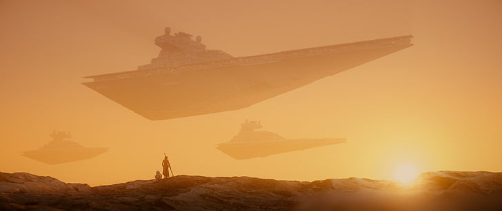 Star Wars, Rey, BB-8 Droid, Star Destroyer, Sunset, HD, 4K, HD wallpaper