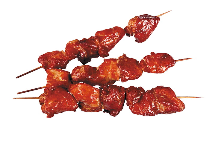 three barbecue sticks, kebabs, meat, sauce, food, red, gourmet
