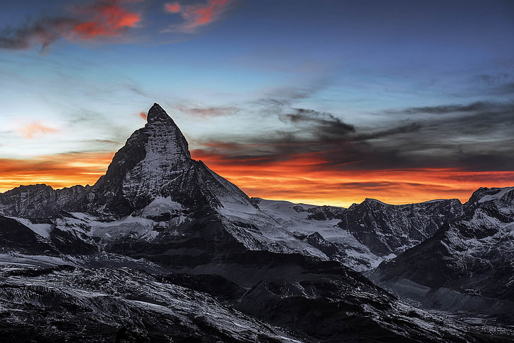 mountains covered with snow, dark, sky, nature, Switzerland, Matterhorn